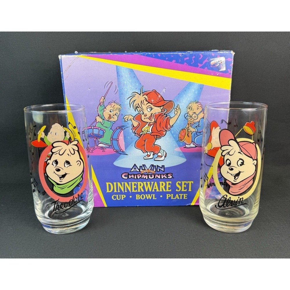 Alvin and the Chipmunks 3 piece dinnerware set by Zak Designs & 2 Glass Tumblers